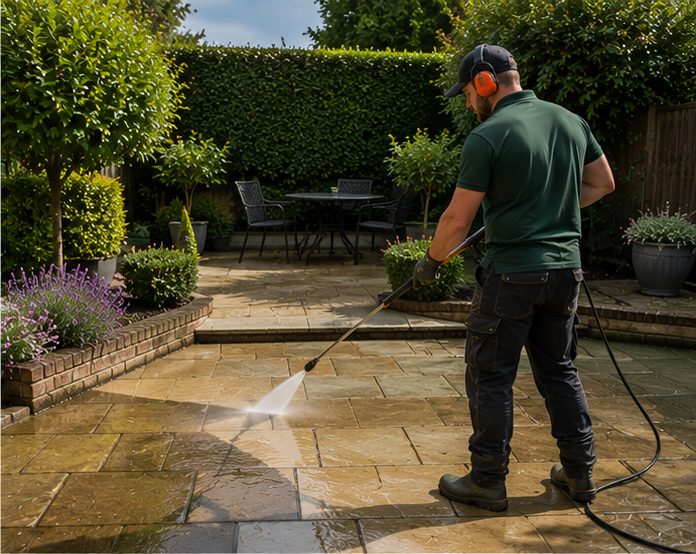 Power washing a patio